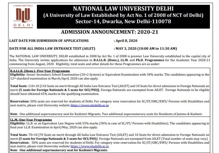 NLU Delhi reserves 50 LLB, LLM seats for Delhi students